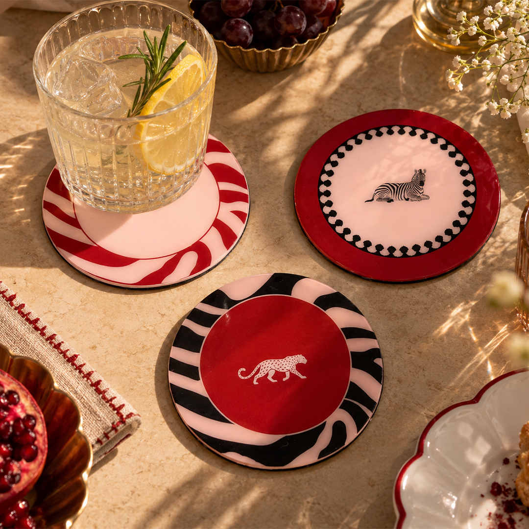 Set of 4 Coasters — Burgundy Zebra & Tiger Prints