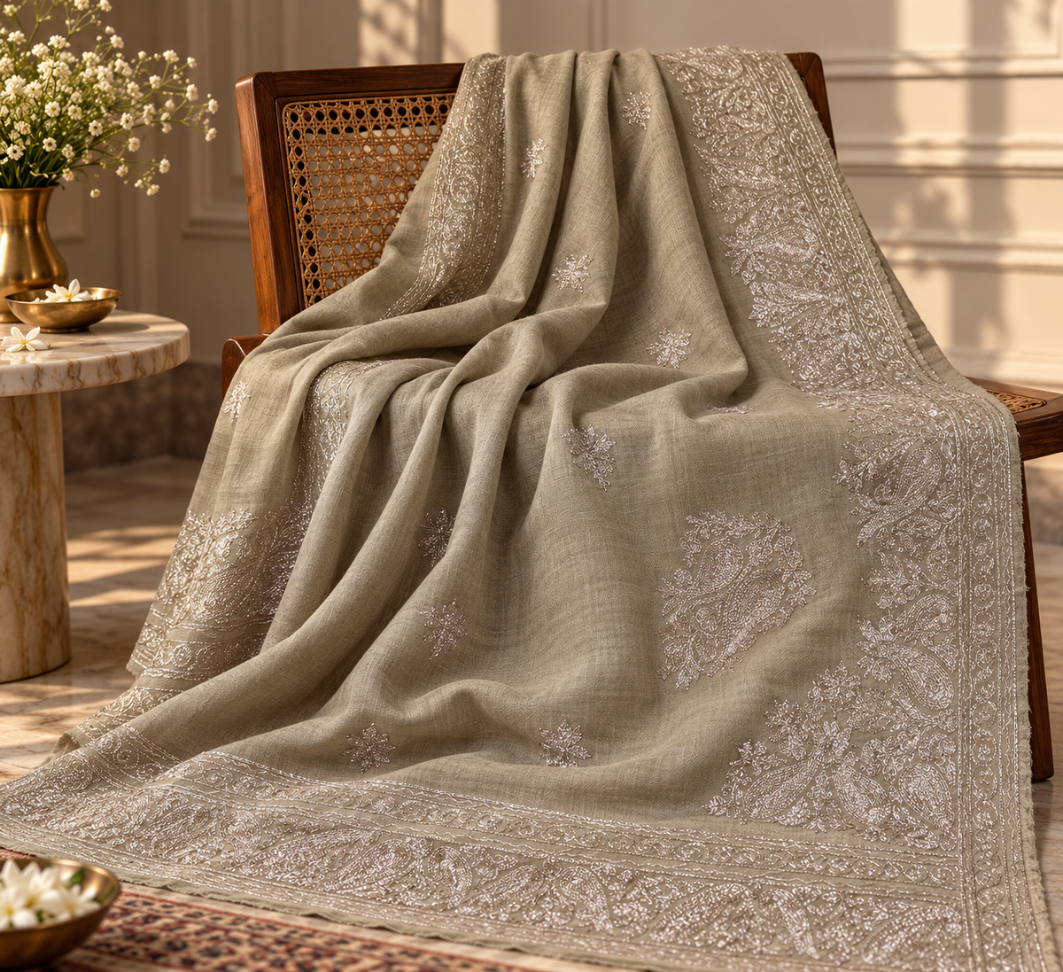 Sage Grey Embroidered Zari Stole